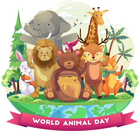 Happy animals at zoo on world animal day  Illustration