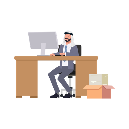 Happy Arab Businessman Working on Computer in Office  Illustration
