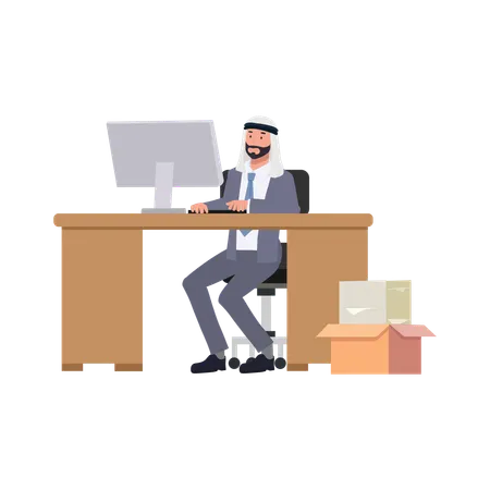 Happy Arab Businessman Working On Computer In Office Illustration