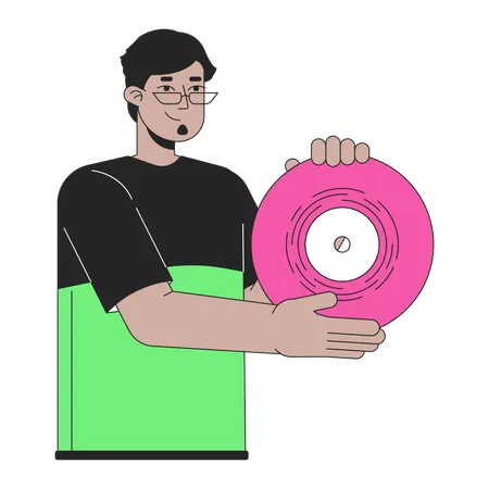 Happy arab man presenting vinyl record  일러스트레이션