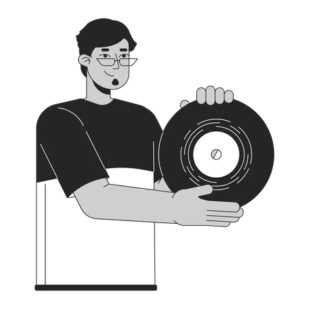 Happy Arab Man Presenting Vinyl Record Black And White 2 D Line Cartoon Character Millennial Guy Retro Music Lover Isolated Vector Outline Person Nostalgia Audio Monochromatic Flat Spot Illustration Illustration
