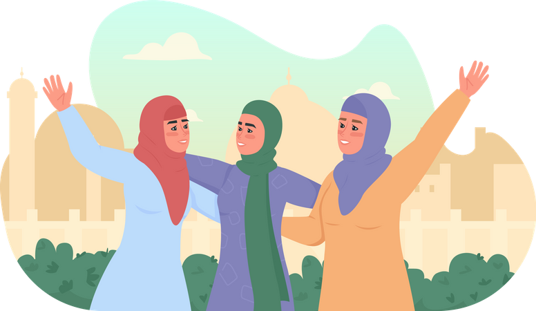 Happy arabian girls in hijabs  Illustration