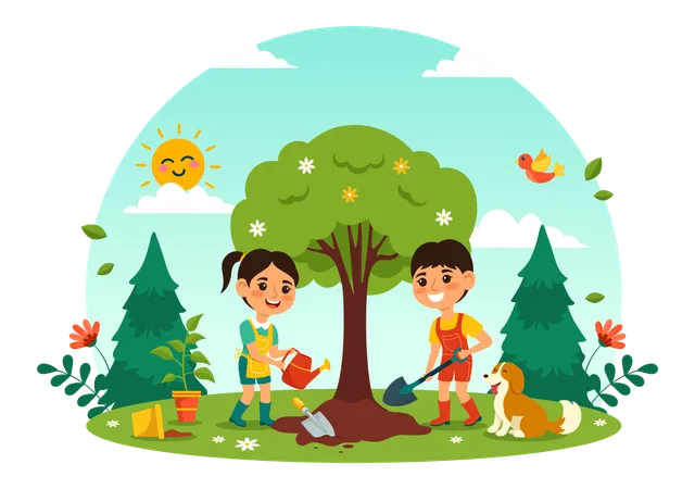 Happy Arbor Day Vector Illustration With Planting A Tree Plant Garden Tools And Nature Environment In Flat Kids Cartoon Background Illustration