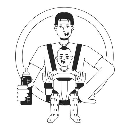 Happy Asian Babysitter Flat Line Black White Vector Character Father With Baby Child In Carrier Editable Outline Half Body Person Simple Cartoon Isolated Spot Illustration For Web Graphic Design Illustration