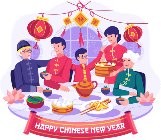 Happy Asian Family gathering is having a reunion dinner  Illustration