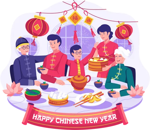 Happy Asian Family gathering is having a reunion dinner Illustration