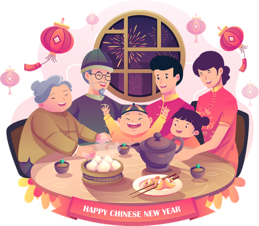 Happy Asian Family gathering together for Chinese new year dinner Illustration