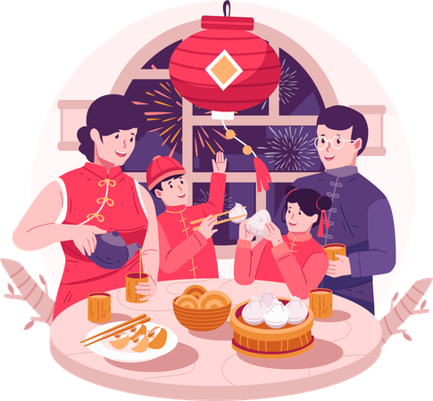 Happy Asian Family Gathering Together Having a Reunion Dinner and Enjoying Tasty Traditional Dishes  Illustration