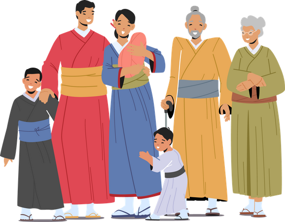 Happy Asian Family standing together  Illustration