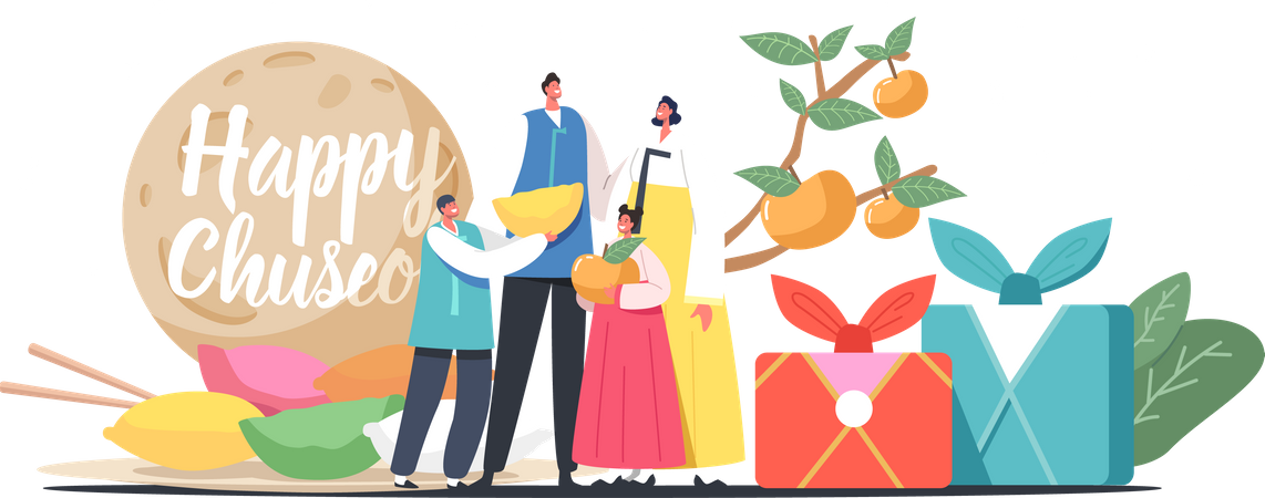 Happy Asian Family with Kids Wearing Traditional Costumes Handbook Illustration