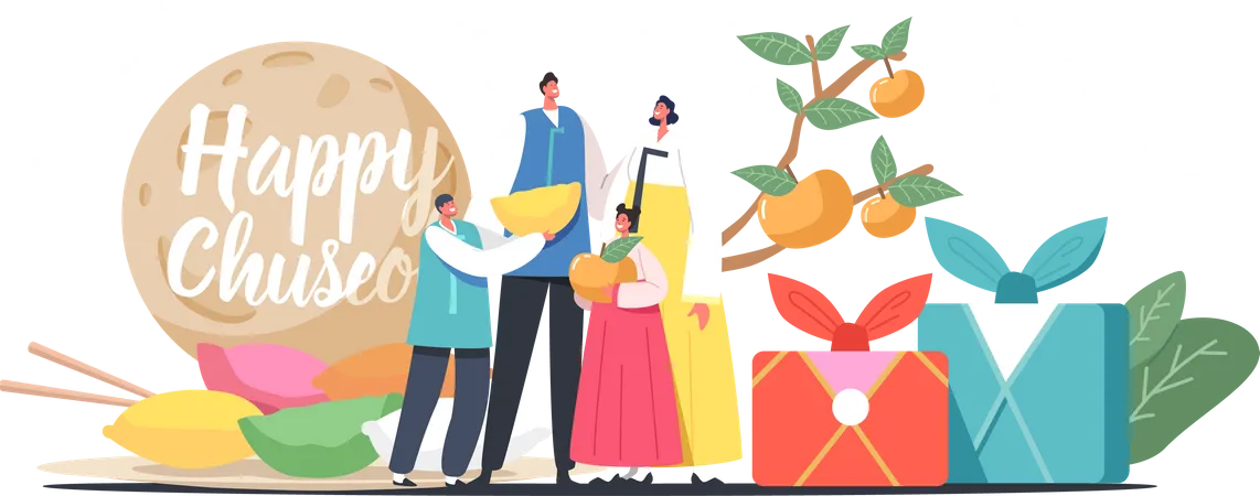 Happy Asian Family with Kids Wearing Traditional Costumes Handbook  Illustration