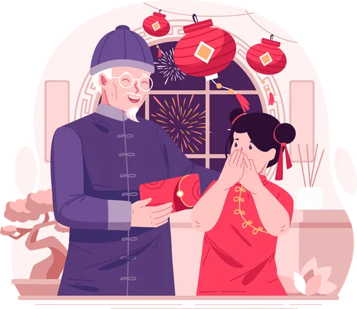 Happy Asian Girl Receiving a Red Envelope or Lucky Money From Her Grandfather to Celebrate Chinese New Year  일러스트레이션