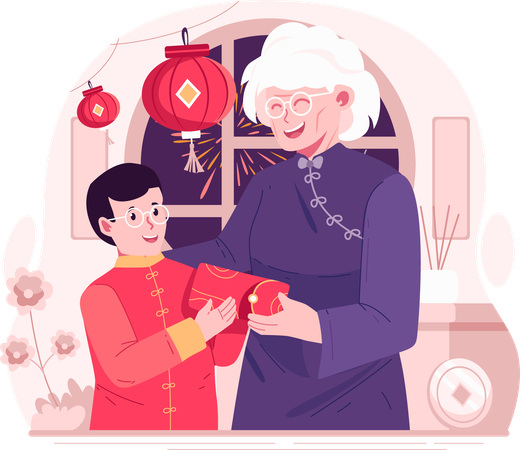 Happy Asian Little Boy Received a Red Envelope or Lucky Money From His Grandmother  Illustration