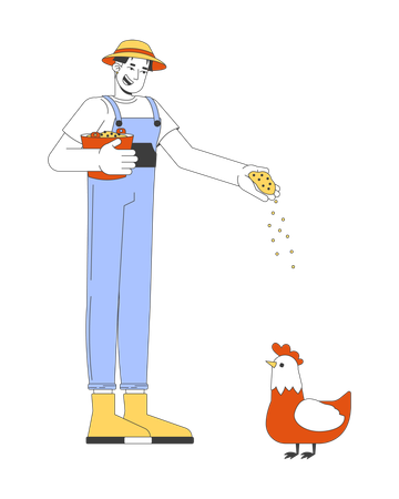 Happy asian man farmer feeding chicken  Illustration