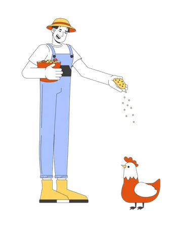 Happy asian man farmer feeding chicken  Illustration