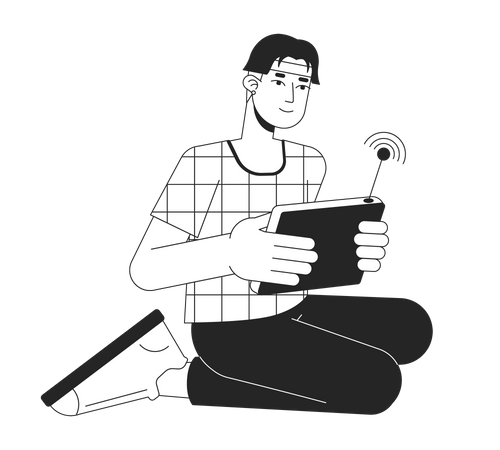 Happy asian man with wireless control console  Illustration