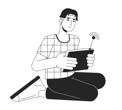 Happy asian man with wireless control console  Illustration