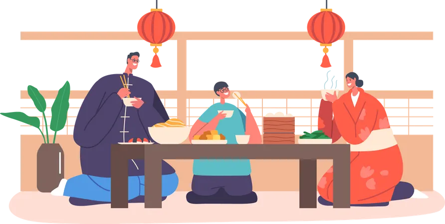 Happy Asian Parents and Kid Having Dinner at Home  Illustration