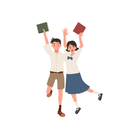 Happy asian school students in uniforms holding books  Illustration
