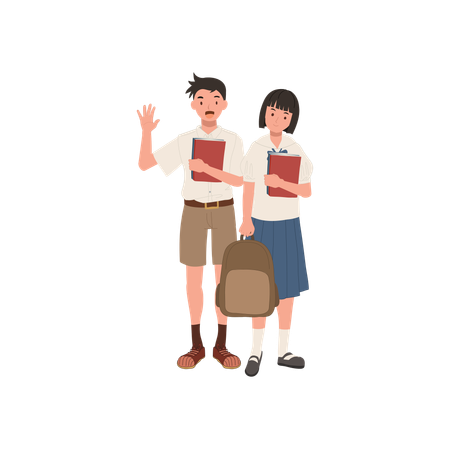 Happy asian schoolchildren boy and girl in uniforms holding books  Illustration