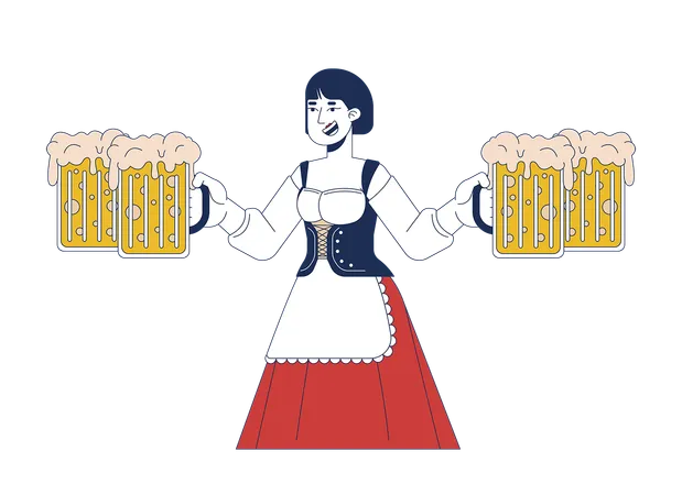 Happy asian waitress holding craft beer mugs  Illustration