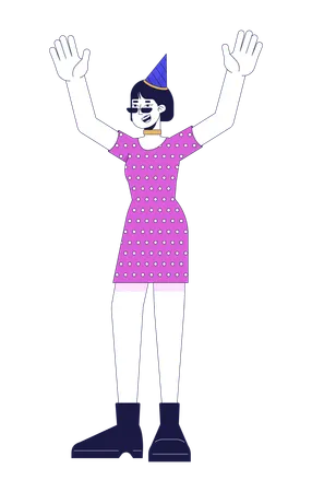 Happy Asian Woman At Party 2 D Linear Cartoon Character Female With Cone Hat Raising Up Hands Isolated Line Vector Person White Background Holiday Celebration Color Flat Spot Illustration 일러스트레이션