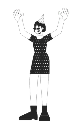 Happy Asian Woman At Party Black And White 2 D Line Cartoon Character Female With Cone Hat Raising Up Hands Isolated Vector Outline Person Holiday Celebration Monochromatic Flat Spot Illustration 일러스트레이션