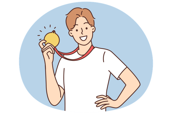 Happy athlete shows gold medal he received  Illustration
