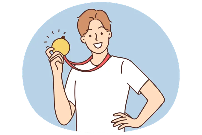 Happy athlete shows gold medal he received  Illustration