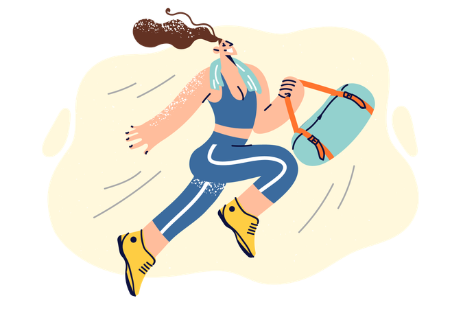 Happy athletic woman in sportswear holding bag with workout accessories and running to fitness club  Illustration