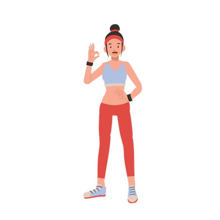 Happy athletic woman in stylish sportswear making okay gesture for gym and wellness inspiration  Illustration