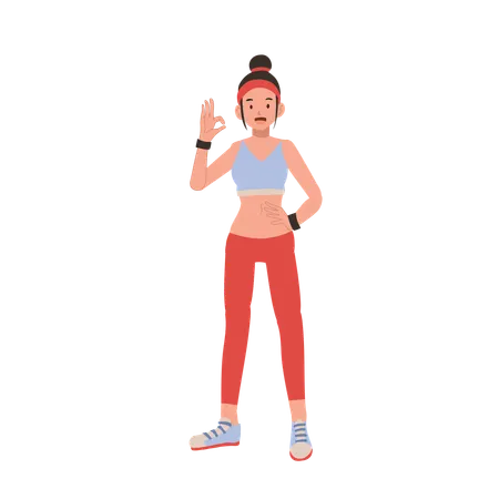 Happy athletic woman in stylish sportswear making okay gesture for gym and wellness inspiration  Illustration