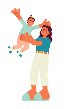Happy Baby And Mom Flat Vector Spot Illustration Single Mom With Child 2 D Cartoon Characters On White For Web UI Design Arab Mother Tossing Toddler In Air Isolated Editable Creative Hero Image Illustration