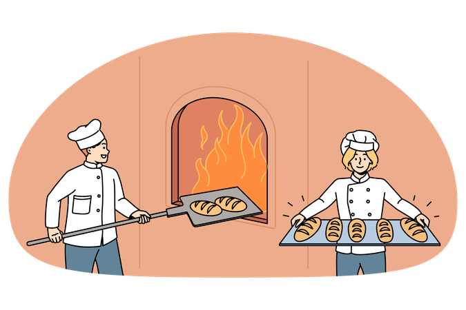 Happy bakers in uniform prepare cook fresh tasty crusty loaves in ovenBakery team  Illustration