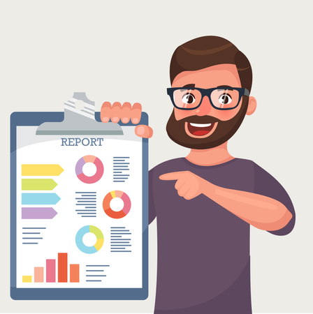 Happy beard businessman shows finance report  Illustration