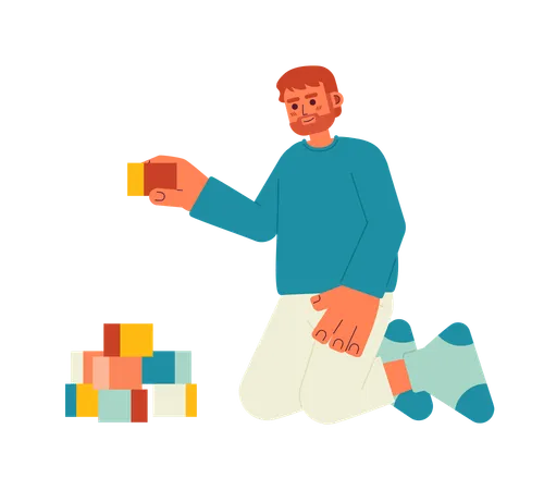 Happy Bearded Father Playing With Constructor Cubes Semi Flat Color Vector Character Dad Stacking Blocks Editable Full Body Person On White Simple Cartoon Spot Illustration For Web Graphic Design Illustration