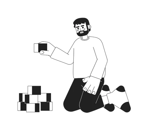 Happy Bearded Father Playing With Constructor Cubes Monochromatic Flat Vector Character Dad Stacking Blocks Editable Thin Line Person On White Simple Bw Cartoon Spot Image For Web Graphic Design Illustration