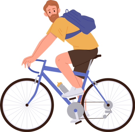 Happy bearded man riding bicycle enjoying active healthy lifestyle  Illustration