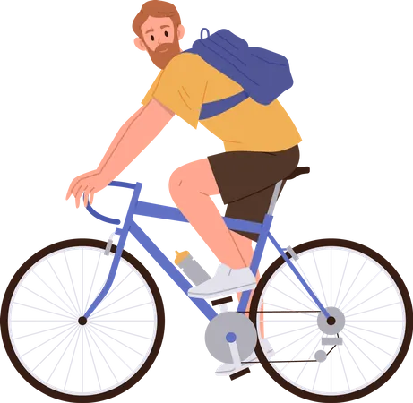 Happy bearded man riding bicycle enjoying active healthy lifestyle  Illustration