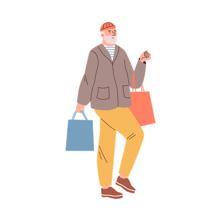Happy bearded man walking with shopping bags  Illustration