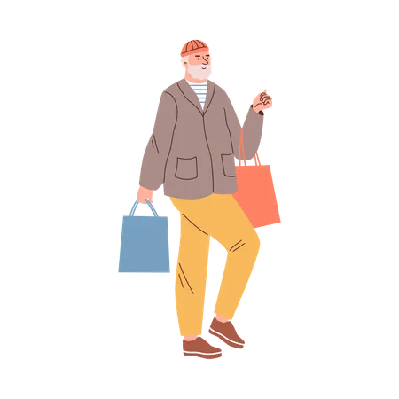 Happy bearded man walking with shopping bags  Illustration