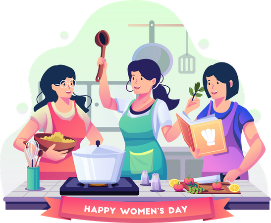Happy beautiful women cooking together in the kitchen to celebrate women's day Illustration