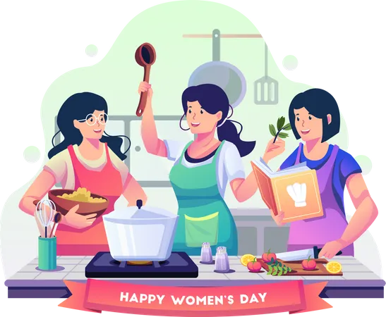 Happy beautiful women cooking together in the kitchen to celebrate women's day  Illustration