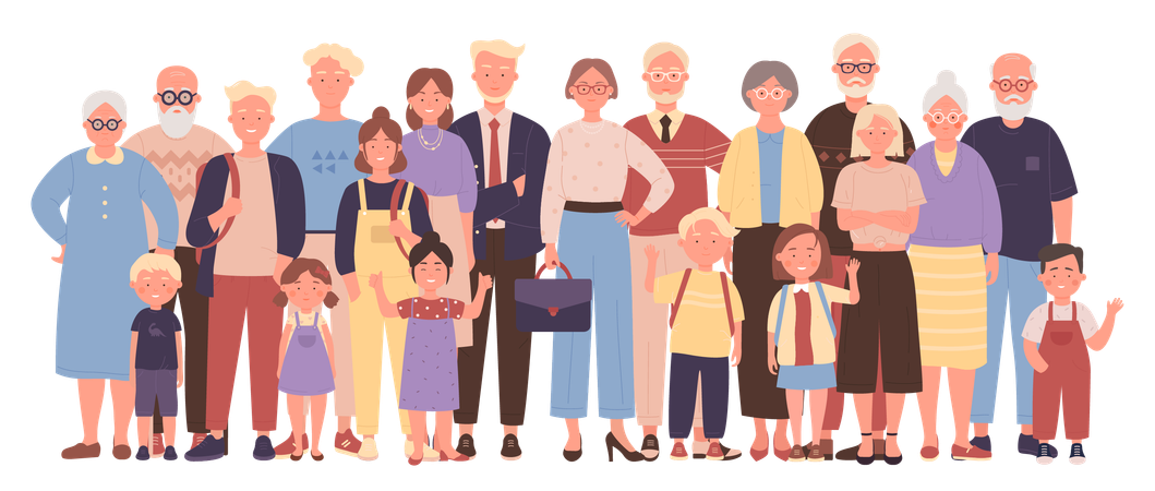 Happy big family of generations standing together  Illustration