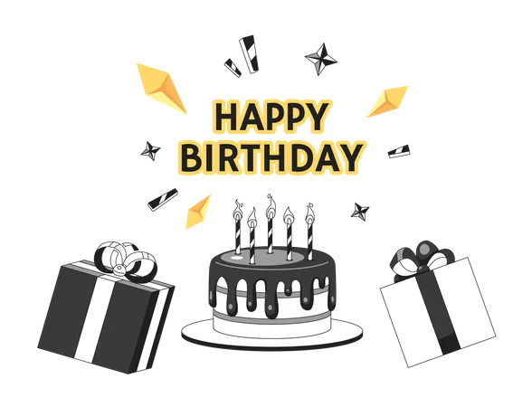Happy Birthday Monochrome Greeting Card Vector Candles Birthday Cake Black And White Illustration Greetingcard Surprise Party Gifts Present 2 D Outline Cartoon Ecard Special Occasion Postcard Image Illustration