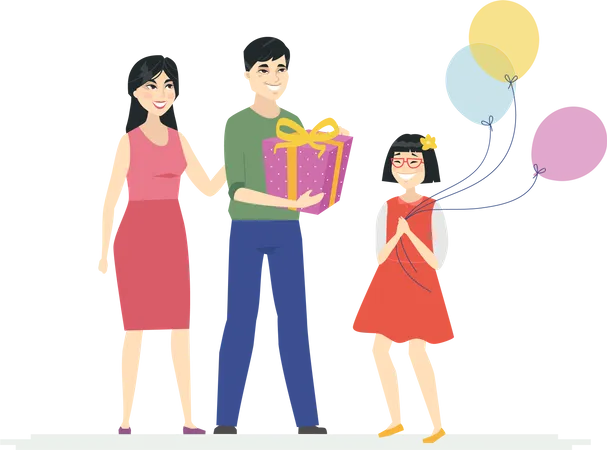 Happy Birthday Cartoon People Characters Isolated Illustration On White Background A Composition With Chinese Family Parents Congratulating A Daughter Giving A Present A Girl Holding Balloons Illustration