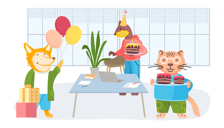 Happy Birthday party at home with animals  Illustration