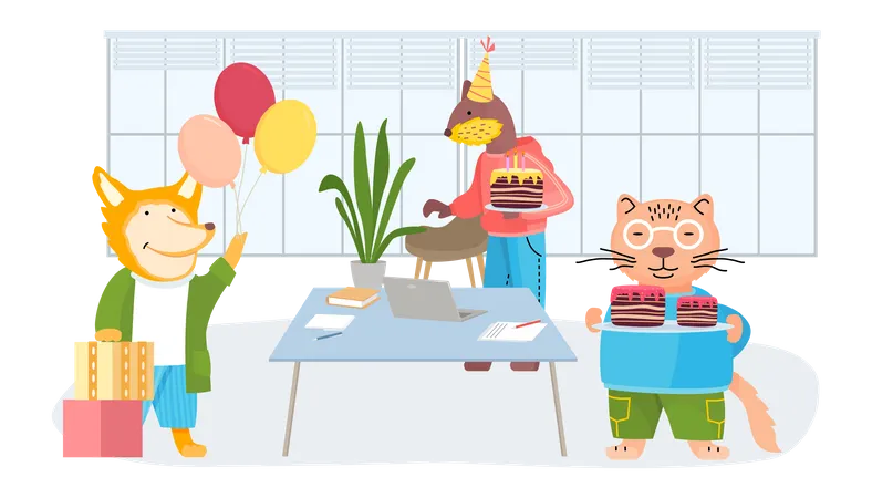 Happy Birthday Party At Home With Friends Company Of Cartoon Animals Celebrates Holiday With Cake And Gifts In Office Congratulations To Friend Fun Birthday Decorations Balloons And Festive Cake 일러스트레이션
