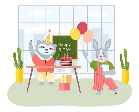 Happy Birthday Party At Home With Friends Company Of Cartoon Animals Celebrates Holiday With Cake And Gifts In Office Congratulations To Friend Fun Birthday Decorations Balloons And Festive Cake Illustration