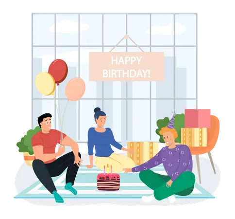 Happy Birthday Party At Home With Friends Company Of Young People Celebrates Holiday With Cake And Gifts Congratulations To Friend Fun Birthday Boy Blows Out Candles On Cake Greeting Event 일러스트레이션